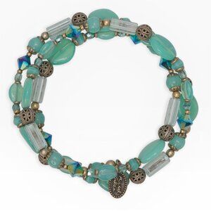 MICHAL GOLAN Memory Wire Bracelet Aqua Green Glass Beaded Artisan Boho Jewelry